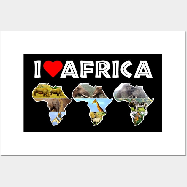 I Love Africa Wildlife Collage Map Trio Wall Art by PathblazerStudios